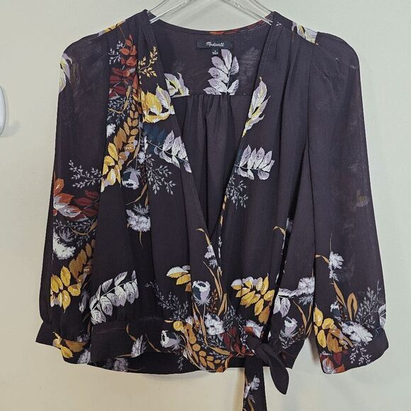 Madewell Wrap TopBlooking Oasis Flora Print Chiffon Long Sleeve Wrap Top K5815 W - Picture 1 of 5